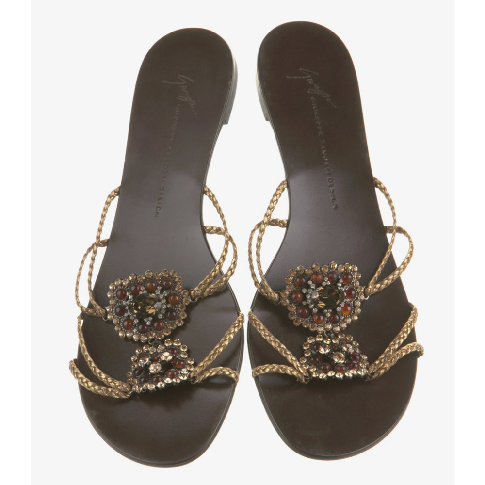 Giuseppe Zanotti Leather Flower Crystal Gold Sandals Flat Slides READ DESC